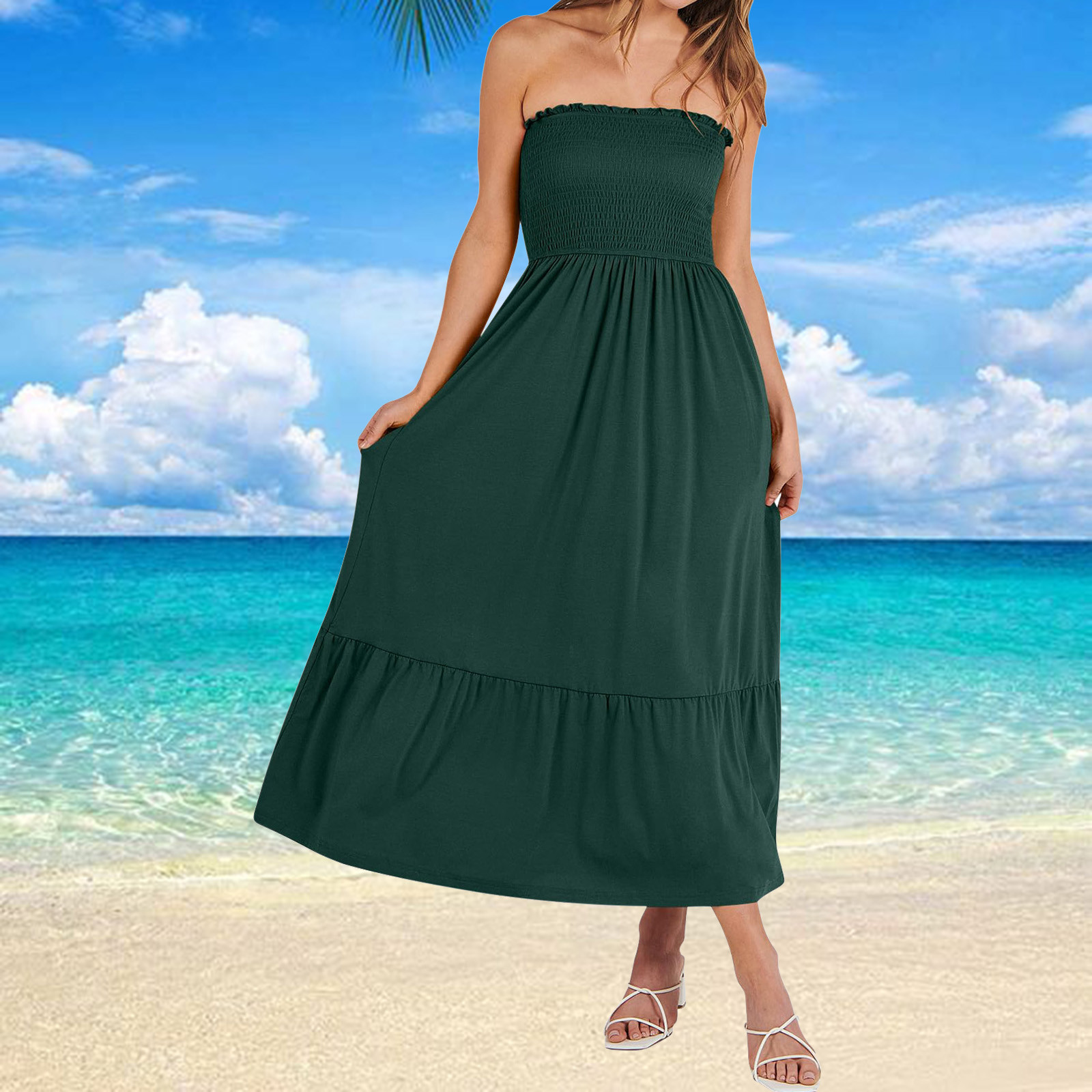 Wycnly Summer Dresses for Women Maxi Dress for Women Beach Boho Elastic Waist Pleated Swing Strapless Maxi Dress Ladies Formal Solid Tube Top Sleeveless Long Sun Dresses